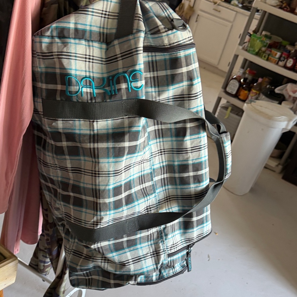 Dakine Plaid Travel Duffel Bag In Gray And Teal